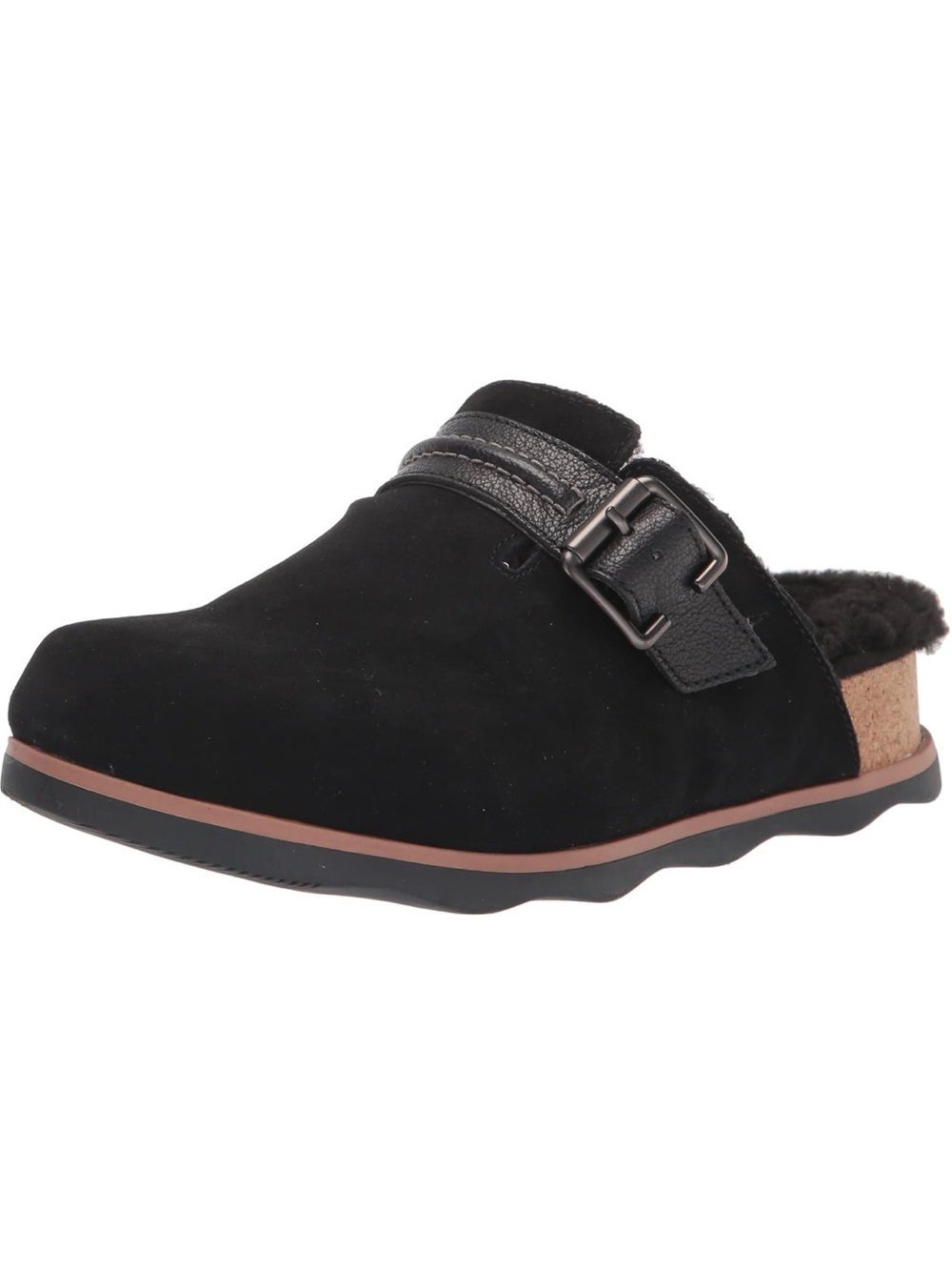 Brand New Clarks Brynn Black Suede Buckle Clog Mule with fur lining size-  6.5